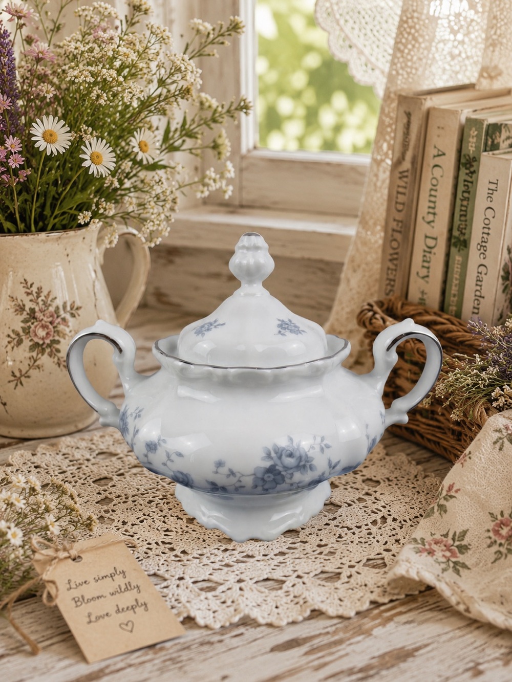 Vintage Traditional Johann Haviland Ceramic White & Blue Sugar Bowl W/Lid